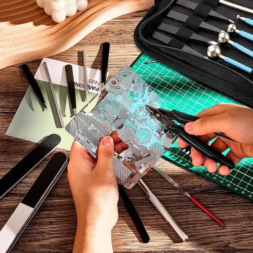 Vista 7 de Juego de herramientas de rompecabezas de metal de 24 piezas, kits de modelos de bricolaje con cortaúminas, pestaña de doblado de borde, cilindro
