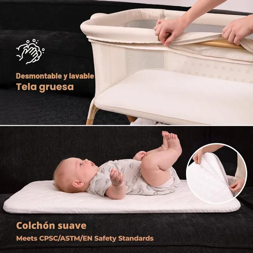 Vista 7 de Ezebaby Cuna para Bebé al Lado de la Cama: Cuna con Balancín 3 en 1 para Bebé - Cuna de Malla Completa Transpirable con Colchón 6 Ajustes
