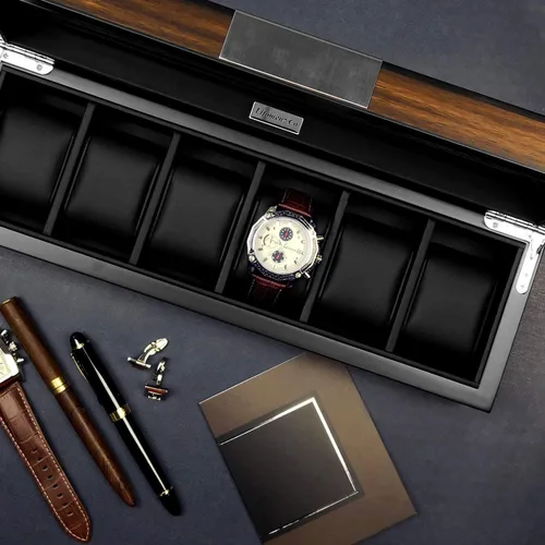 Vista 4 de Caja de 6 relojes Organizador de reloj para hombre Caja de almacenamiento de reloj grande Caja de almacenamiento de madera 6 relojes vitrina