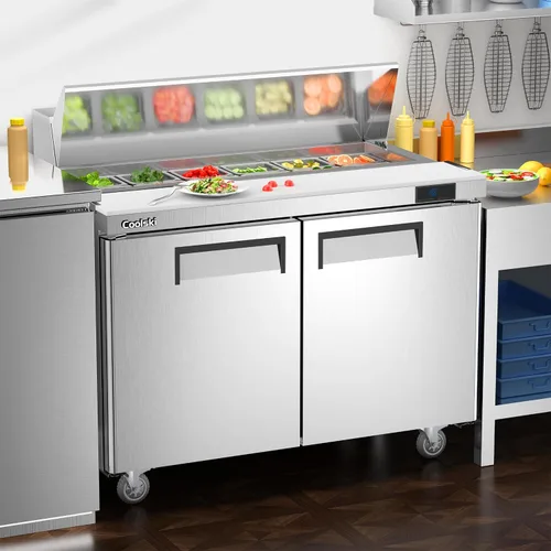 Vista 7 de Coolski mesa comercial para preparar sándwiches y ensaladas, refrigerador comercial de 48 pulgadas con 2 puertas y 12 bandejas, refrigerador