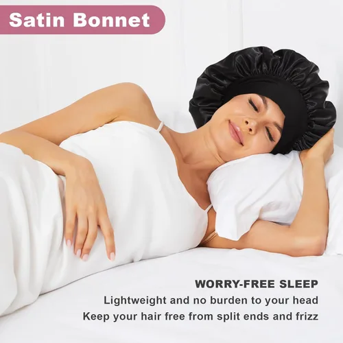 Vista 2 de 4 piezas de gorro de satén de seda, gorro de cabello para dormir, gorro de seda elástica de banda ancha para dormir, suave y transpirable Gorra