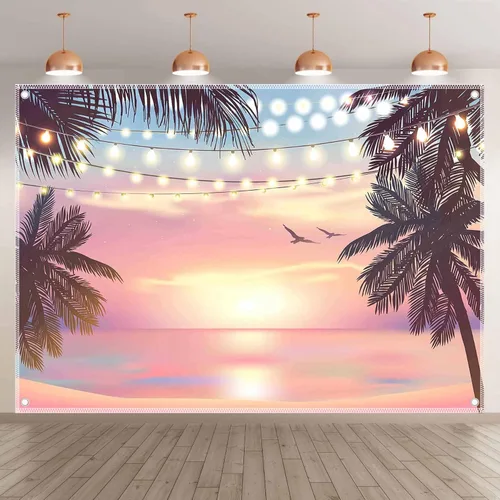 Vista 2 de ZTHMOE Telón de fondo de fotografía de verano rosa con puesta de sol de 8 x 6 pies, fondo de playa hawaiana Luau, decoración de fiesta de Aloha Tiki