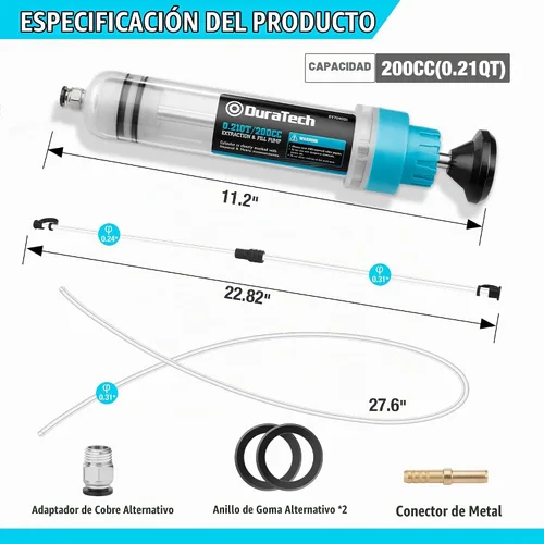Vista 2 de DURATECH Extractor de Líquido Automotriz de 200CC, Bomba de Líquido con Tubos de Extensión Largos, Jeringa de Aceite con Potente Succión, Bomba