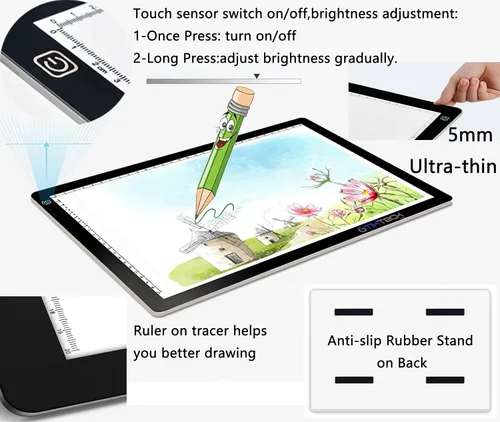 Vista 6 de Caja de luz LED A4 ultradelgada portátil con atenuación de brillo, luz de trazado de arte LED para artistas, dibujo, bocetos, animación, estampado
