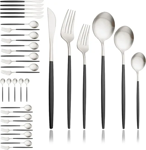 Vista 10 de JASHII Juego de cubiertos mate de 36 piezas con mango plano acabado satinado negro acero inoxidable cubiertos servicio para 6 para cocina casera