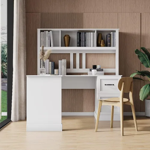 Vista 3 de Holaki Escritorio en forma de L, escritorio de computadora con cajones, estantería y gabinete, escritorio esquinero moderno, oficina en casa, mesa