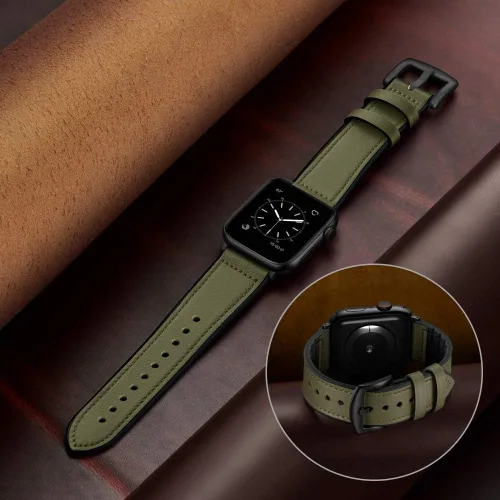 Vista 6 de OUHENG Correas de cuero compatibles con Apple Watch de 42mm 41mm 40mm 38mm, correa híbrida de cuero genuino y goma para iWatch Series 11 10 9 8 7 6