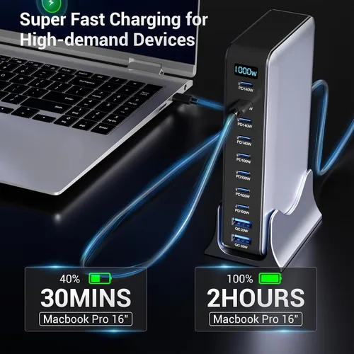 Vista 4 de Estación de carga USB C de 1000 W, cargador de escritorio GaN de 10 puertos, estación de carga rápida para múltiples dispositivos con puertos USB C