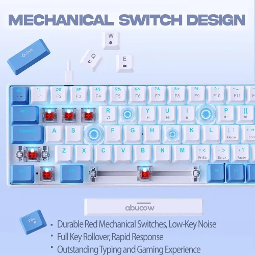 Vista 2 de abucow 60% Mechanical Gaming Keyboard, Red Switch Wired Compact Keyboard with Blue Backlight, Swappable Blue White Keycaps, for WindowsMac