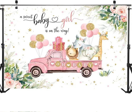 Vista 3 de Mocsicka Telón de fondo para baby shower con texto en inglés "A Sweet Baby Girl Is On The Way", telón de fondo de fotografía para mesa de pastel