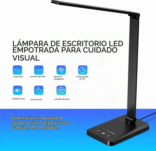 Vista 5 de Lámpara de escritorio LED Ambertronix con puerto de carga USB, luz de escritorio regulable para lectura y cuidado de los ojos para el hogar, con 5