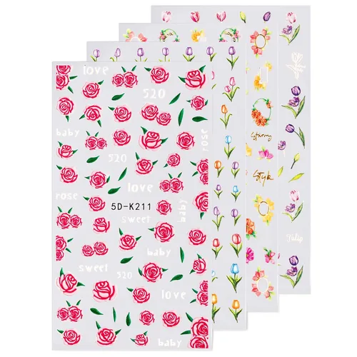 Vista 16 de Calcomanías de uñas, 4 hojas en relieve floral 5D, autoadhesivas para manicura de bricolaje