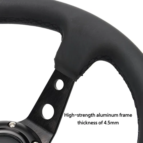 Vista 5 de Volante universal de carreras de 6 pernos 320mm 12.5" de cuero genuino negro con agarre, marco de aluminio, volante deportivo de llanta profunda