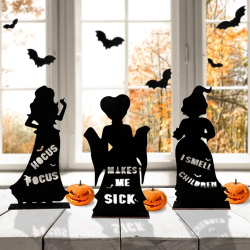 Vista 2 de 3 piezas de Hocus Pocus, centros de mesa de madera, decoración de bruja de Halloween