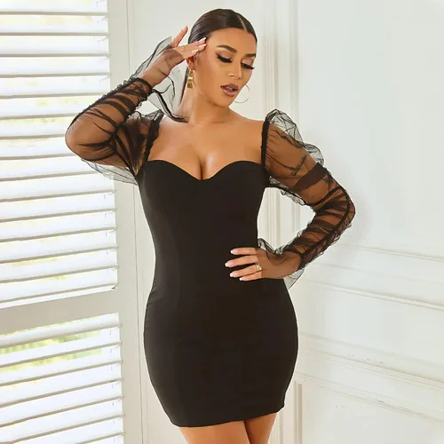 Vista 5 de Nhicdns Vestido sexy para mujer, de malla transparente, manga larga, abullonada, bodycon