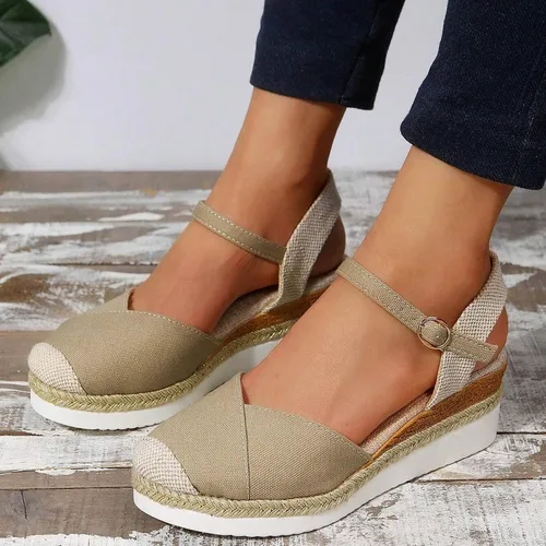 Vista 3 de Sandalias de plataforma ortopédicas con cuña para mujer, verano 2023, elegantes, planas, de punta abierta, con correa al tobillo, estilo alpargata
