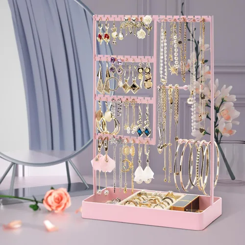 Vista 5 de PiQi-Grecge Organizador de joyas, organizador de aretes de 4 niveles con bandeja de metal, soporte para joyas para collares, aretes, pulseras