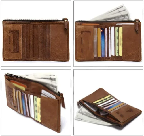 Vista 7 de Walnut Retro Crazy Horse - Cartera de cuero multifunción de tres pliegues para hombre, estilo vertical