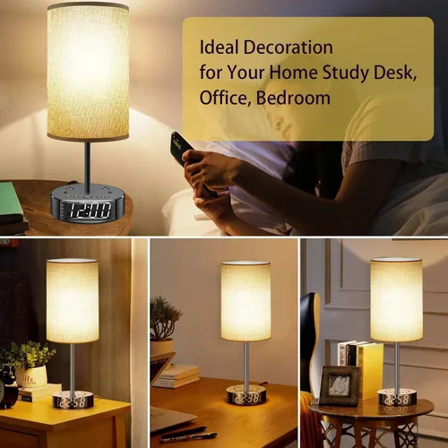 Vista 7 de Lámpara de mesa – Lámpara de noche con puertos USB y tomacorrientes, lámpara de dormitorio con base de reloj despertador, 3 vías regulables modernas