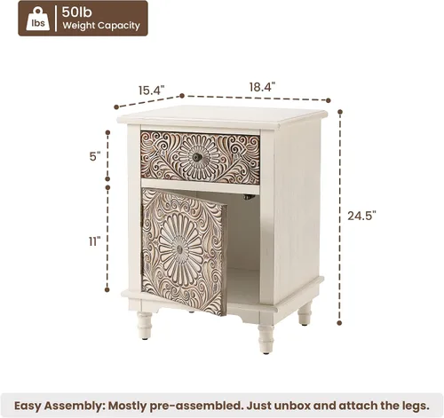 Vista 2 de HOMPUS - Mesa de noche blanca con cajón y almacenamiento, mesa de noche con motivo floral completamente ensamblada para espacios pequeños, mesa