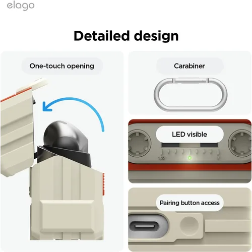 Vista 6 de elago Compatible con Samsung Galaxy Buds 3 Pro y 3 y 3 FE Funda, funda con diseño de cinta de casete con mosquetón, protección completa, accesorios