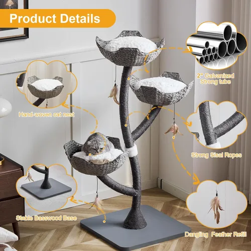 Vista 3 de Torre de árbol gris moderno de 52 pulgadas de alto para gatos grandes, postes rascadores para gatos con cestas tejidas a mano Condominio de lujo