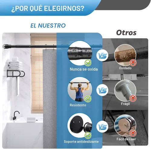 Vista 3 de Barra de cortina de tensión, de 42 a 100 pulgadas, ajustable, resistente, negra, barra de cortina de ducha para baño, armario, ventanas