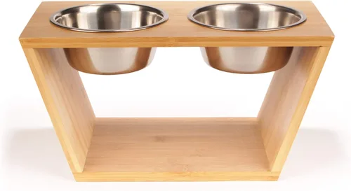 Vista 9 de BambooMN Comedero elevado para perros, soporte 100% bambú, 4 cuencos de metal para alimentos y agua, pequeño