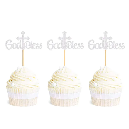 Vista 3 de Ercadio Paquete de 36 adornos para cupcakes con purpurina de cruz con purpurina para bautizo, fiesta religiosa cristiana, suministros de decoración