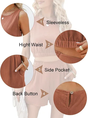 Vista 4 de Conjunto de dos piezas de lino para mujer, conjunto de 2 piezas sin mangas para verano