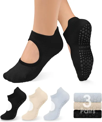 Vista 7 de Diu Life Paquete de 3 Calcetines de Pilates Yoga con Agarres para Mujeres, Antideslizantes, Entrenamiento, Pure Barre, Ballet, Danza, Calcetines
