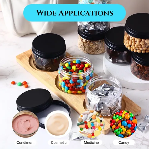 Vista 6 de Dandat 80 tarros de plástico transparente de 4 onzas con tapas de rosca, contenedores de almacenamiento recargables para uso en cocina y hogar Negro