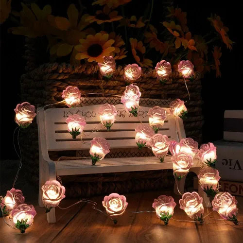 Vista 8 de Cadena de luces con 40 LED en forma de flor de rosa, 13 pies, funciona con pilas, luces de hadas románticas para decoración del día de San Valentín