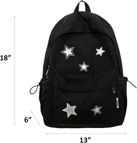 Vista 7 de Mochila Kawaii con bonitos accesorios, patrones de estrellas y material de nailon duradero, Negro 1, Kawaii