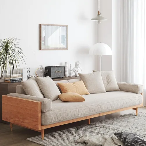 Vista 3 de JASIWAY Sofá moderno de 3 plazas, sofá tapizado de tela de lino, sofá de estilo chino con marco de madera maciza, sofá grande para sala de estar