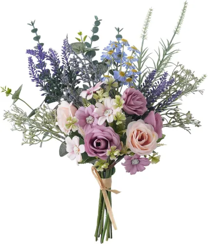 Vista 16 de Arreglos florales artificiales de seda de 17 pulgadas, ramos de flores artificiales que consisten en ranúnculos, crisantemos silvestres, rosas Ámbar