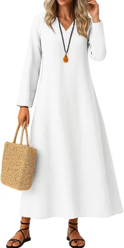 Vista 15 de Vestido de lino de algodón para mujer, de manga larga, holgado, ligero, básico, con cuello en V, vestido largo y modesto