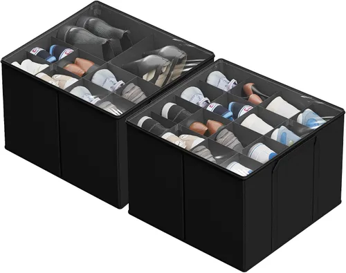 Vista 8 de SUOCO Paquete de 2 organizadores de zapatos para armario, caben hasta 32 pares, cajas de almacenamiento de zapatos en espacios pequeños con Negro