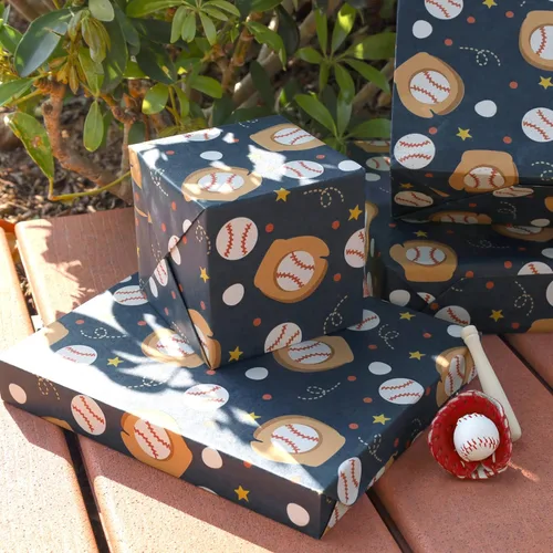 Vista 4 de BIOBROWN Papel de regalo de estraza de béisbol para niños, 17 pulgadas x 33 pies (47 pies cuadrados total) – Papel de regalo deportivo con diseño