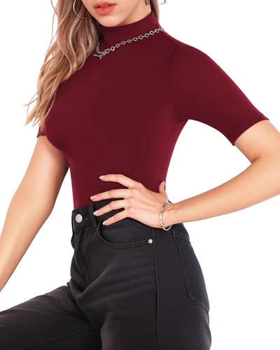 Vista 2 de MANGOPOP Camiseta ajustada de manga larga con cuello alto falso para mujer, manga 34
