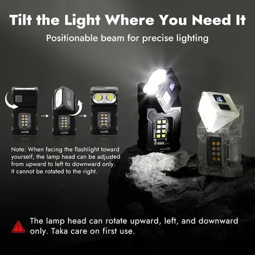 Vista 2 de WARSUN DC08 linterna LED recargable giratoria, luz de trabajo mini de 800 lúmenes, pequeña linterna EDC con clip para la espalda, linterna Negro