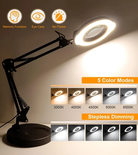 Vista 5 de Lupa de 10 x 15X con luz y soporte, lámpara LED de aumento de escritorio con base y abrazadera, 5 modos de color, 10 niveles regulables iluminada