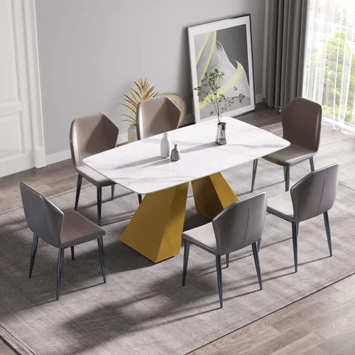 Vista 9 de Mesa de comedor moderna de 63 pulgadas, mesa de cocina rectangular con parte superior de piedra de mármol artificial y base de metal dorado, mesa