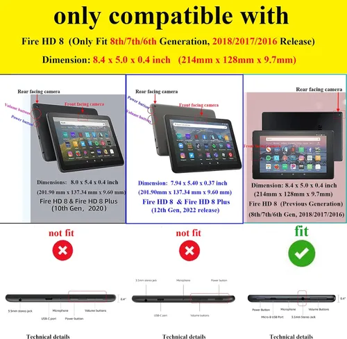 Vista 2 de Funda para Kindle Fire HD 8 de 8ª/7ª/6ª generación (2016/2017/2018) con soporte, soporte para lápices, bolsillos