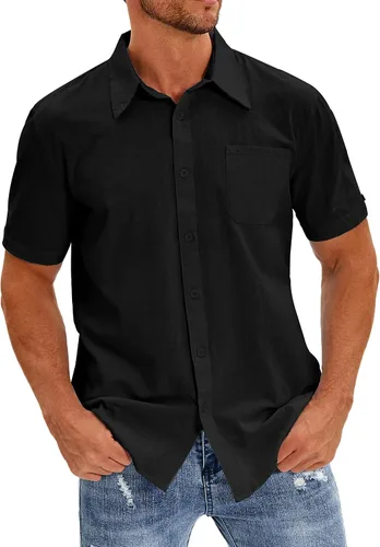 Vista 4 de Oyamiki Camisa de pesca de manga corta para hombre, ajuste regular, de lino, casual, con botones