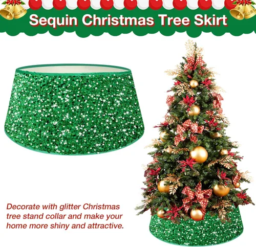 Vista 6 de Collar de Árbol de Navidad Faldas de Árbol Verdes para Árboles Artificiales de 23.6 Pulgadas Falda de Árbol Bordada con Lentejuelas Cubierta