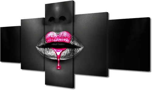 Vista 26 de Póster abstracto de labios de niña, cuadros dorados sobre lienzo, arte de pared, hermosos pósteres e impresiones en lienzo de 5 piezas, arte