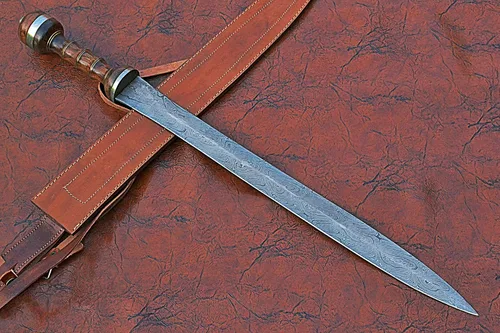 Vista 5 de Espada Maximus Gladuis de 29 pulgadas de largo, hoja de doble borde de acero de Damasco forjada a mano de 21 pulgadas, agarre de madera de nogal