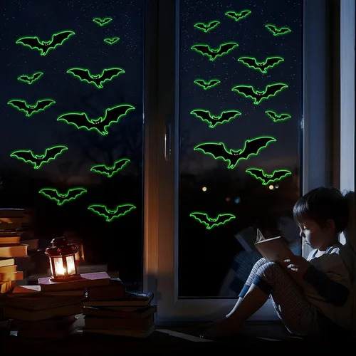 Vista 5 de 3 hojas de calcomanías luminosas de murciélago de Halloween que brillan en la oscuridad, calcomanías luminosas de murciélagos de Halloween