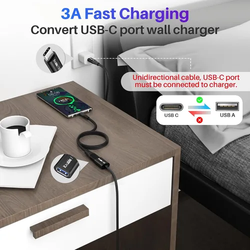 Vista 5 de Cable USB C a USB hembra de 2 pies, tipo C macho a USB A 3.1 hembra OTG, transferencia de datos de 5 Gbps, compatible con MacBook Pro/Air, iPhone 17
